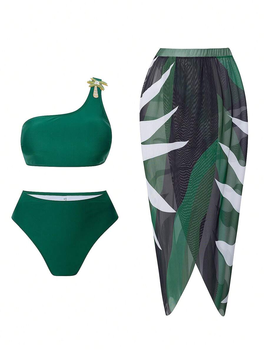Swim Oasis Plus Size Women 3 PiecesSolid Color Bikini Set, Suitable For Beach, Swimming, Vacation - Green - View 1