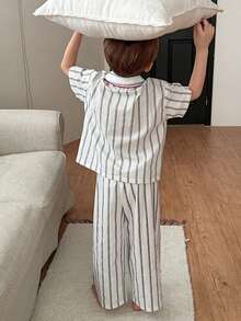 Dazy Kids Young Boy Striped Mandarin Collar Short Sleeve Single-Breasted Top And Pants Pajama Set - White - View 6