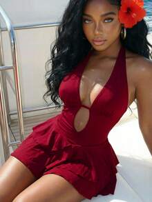 Slaydiva 女士纯色褶皱露背吊带性感迷你连衣裙，适合约会和派对；女士泳衣；收腹Y2K连衣裙；羊毛两件套；令人惊艳的连衣裙 - 酒紅色 - 查看 2