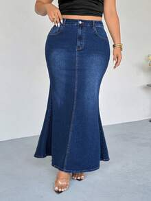 Firerie Falda midi elegante de mezclilla con cintura alta y bolsillos para mujer de talla grande - Azul - Ver 8