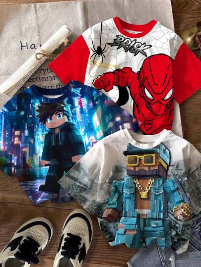 3件套男童休闲舒适简约圆领短袖T恤，经典蜘蛛网图案，蜘蛛图案，酷炫勇敢印花，休闲简约像素方块人赛博朋克世界印花圆领T恤，夏季款，休闲简约时尚经典卡通酷炫像素方块士兵战争图案圆领短袖T恤