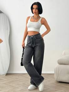 SHEIN High Waist Dark Grey Loose Straight Leg Jeans - Black - View 5