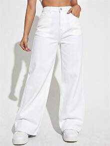 SHEIN EZwear 大码女式高腰口袋阔腿宽松休闲牛仔裤 - 白色 - 查看 1