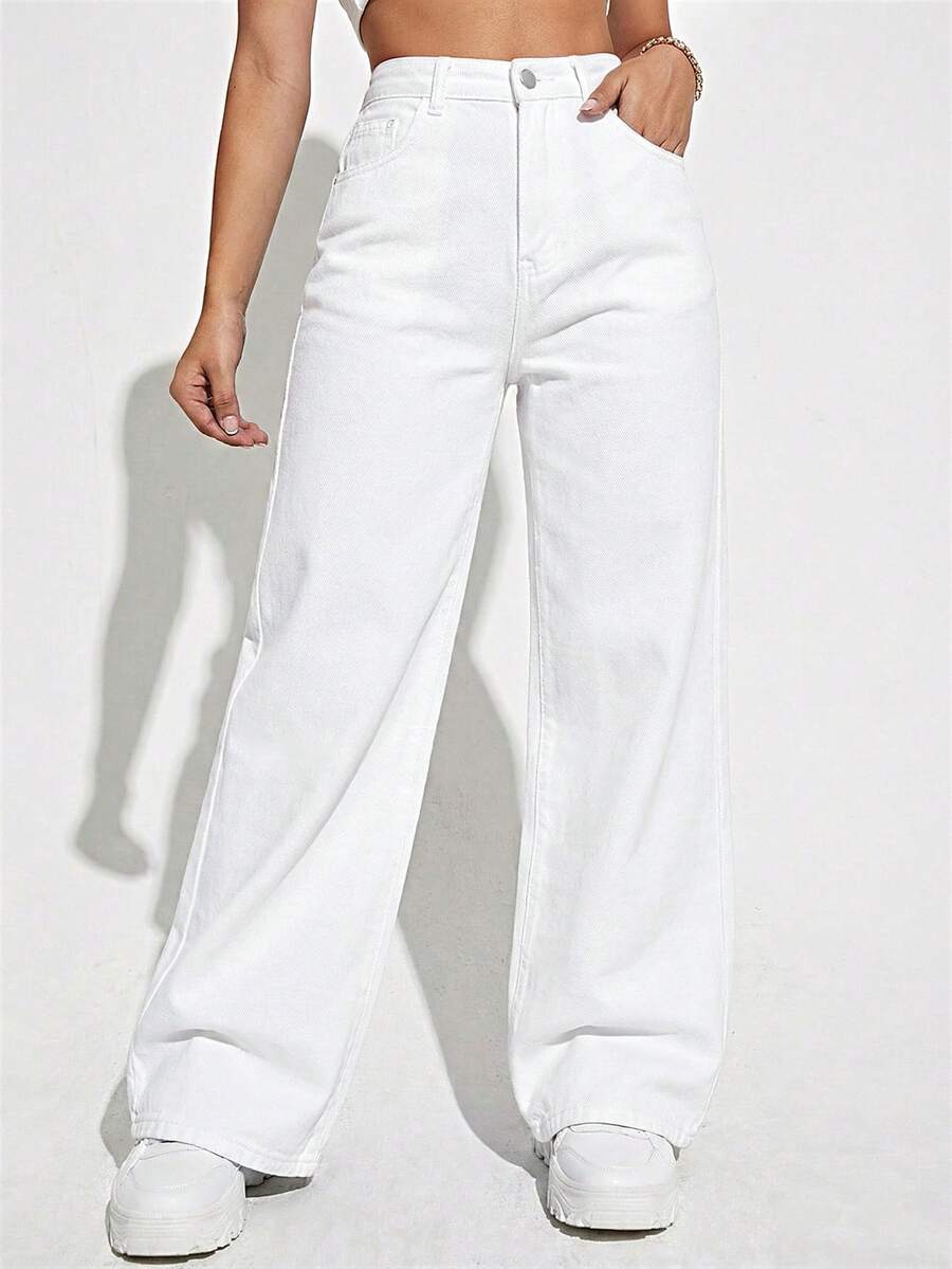SHEIN EZwear 大码女式高腰口袋阔腿宽松休闲牛仔裤 - 白色 - 查看 1