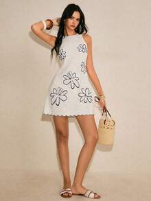 Poéselle 女士碎花图案弧形下摆无袖休闲迷你连衣裙 - 杏色 - 查看 2