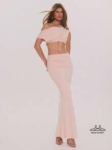 MUSERA Asymmetric Off Shoulder Crop Top And Low Rise Maxi Skirt Set Co-Ord Spring Summer Elegant Wedding Guest Vacation Holiday Occasion Honeymoon Cafe - Khaki - View 1