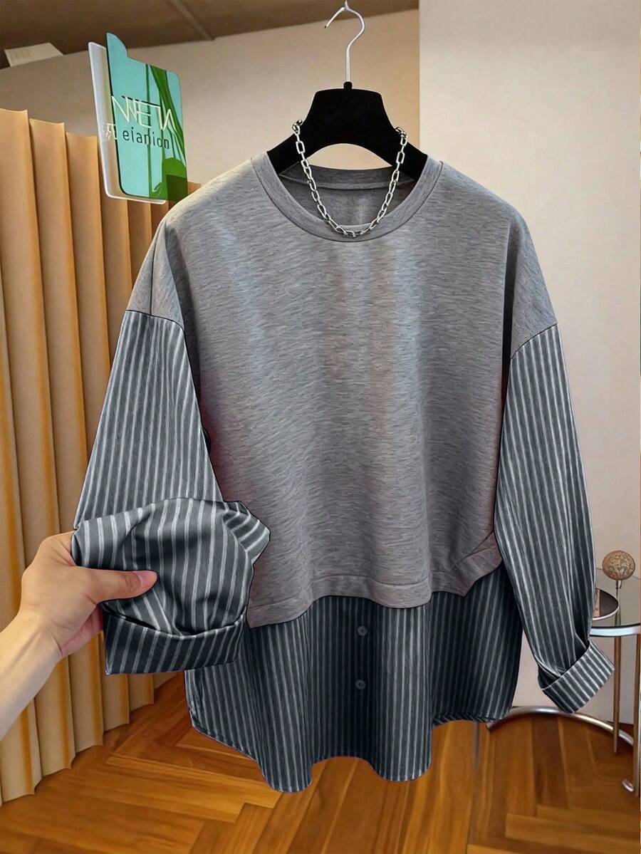 Franclia 条纹拼接休闲简约圆领卫衣,青春活力 - 黑色 - 查看 1