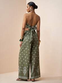 YkhahaZivah Conjunto de 2 piezas: Top bandeau sin espalda y pantalones de pierna recta con bolsillos y estampado de flores, color verde, versátil para uso casual, vacaciones, playa, viajes, fiestas, eventos, uso diario y negocios casualesYkhaha - Verde militar - Ver 5