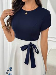 Miaspire 女士度假植物图案圆领短袖侧打结优雅连衣裙 - 彩色 - 查看 7