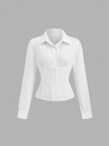 SHEIN Tall Women's Striped Long Sleeve Single-Breasted Casual Commuter Shirt - White - View 2