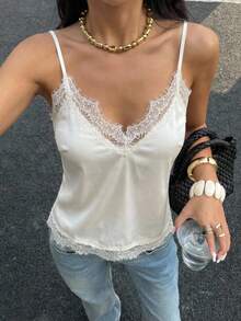 SHEIN EZwear 女士优雅纯色蕾丝拼接吊带背心，夏季必备 - 米色 - 查看 8