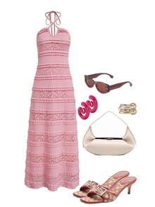 SHEIN LUNE Women's Contrast Lace Multi-Layer Ruffle Hem Elegant Halter Neck Dress - Pink - View 4