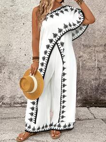 Breezaya Plus Size Women's Elegant Black And White Graphic Print Asymmetric Collar Split Top And Long Pants 2 Pieces Set,Summer Boho Holiday Tea Party Outfits - Black and White - View 4