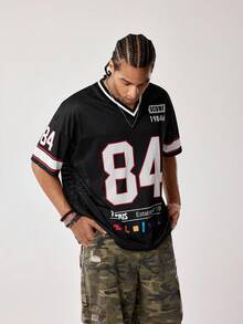 Tetris™ X SHEIN Men's Letter & Number Print V-Neck Casual Short Sleeve T-Shirt, Summer - Black - View 6