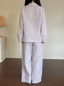 DAZY 2pcs Purple Striped Long Sleeve Cardigan Shirt And Loose Straight Leg Long Pajama Pants Set, Suitable For Spring And Summer - Purple - View 2