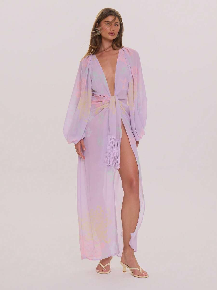 MUSERA Paisley Print Chiffon Plunge Front Drape Detail Loose Fit Long Sleeve Maxi Long Dress Spring Summer Elegant Wedding Guest Vacation Holiday Occasion Honeymoon Cafe - Multicolor - View 1