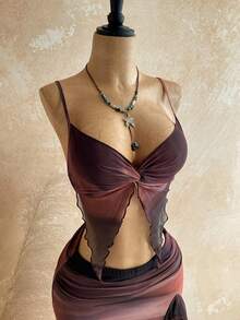 SHEIN WYWH 女士扎染扭褶吊带背心和荷叶边迷你裙性感两件套 - 咖啡棕 - 查看 3