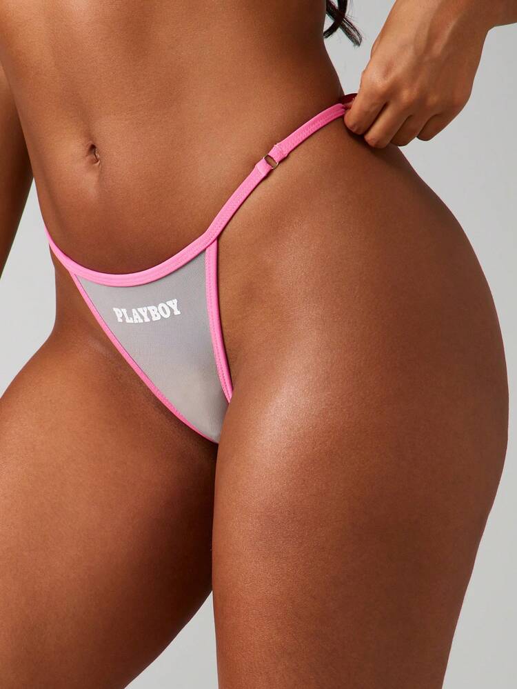 Missguided x Playboy Women's Mesh Brief Underwear With Logo And Contrast Pink Trim Lingerie Panties