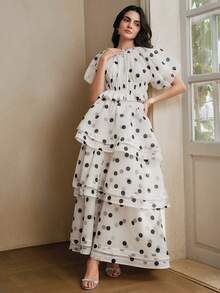 Anewsta Spring/Summer New Retro Black & White Polka Dot Print Party Puff Sleeve Crop Top + High Waist A-Line Peplum Skirt Women 2-Piece Set - Black and White - View 6