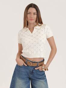 CielaLinda 女士针织Polo衫 白色短袖针织衫 - 白色 - 查看 3