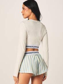 Missguided x Playboy Zweiteiler aus langärmeliger Crop Sweatshirt und gestreifter Shorts, Pyjama-Outfit, Freizeitkleidung, bequeme, locker sitzende Passform - Verschiedenfarbig - Übersicht 3