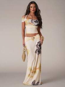 SHEIN BAE Chân váy nữ kiểu dáng thường ngày, màu trơn, phối eo, in hoa, thích hợp cho kỳ nghỉ biển, khu nghỉ dưỡng biển, tụ họp bạn bè, kỳ nghỉ cuối tuần, váy đi biển, chân váy đi nghỉ mát, chân váy in hoa màu vàng, phong cách Y2K, chân váy dự lễ hội âm nhạc. - Màu vàng - Xem 1