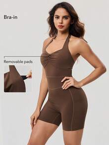 OutZeal 女士运动连体裤日常休闲速干收腹塑形文胸 - 棕色 - 查看 3