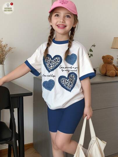 SHEIN Set de 2 piezas de camiseta y pantalones cortos con estampado de leopardo y gráfico de corazón, estilo casual y minimalista para niñas, adecuado para verano, vacaciones, combinar con hermanas, apropiado para fiestas y uso diario