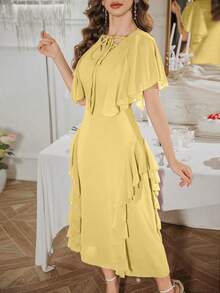 Modelyn Women's French Design Ruffle Sleeve Tie Waist Dress - Yellow - View 5