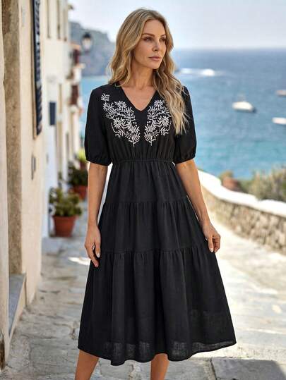 Faunlyn 女士休闲植物印花连衣裙，适合度假