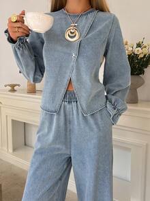 DAZY Conjunto informal de mujer con camisa de cuello redondo con cinturón y pantalón vaquero de pierna ancha, apto para boda o invitada, primavera/otoño - Azul lavado medio - Ver 4