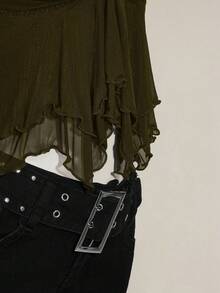 SHEIN ICON Women's Ruched Front Fitted Sexy Mesh Splice Cap Sleeve Backless Casual Vacation Cropped Tank Top - Army Green - View 8