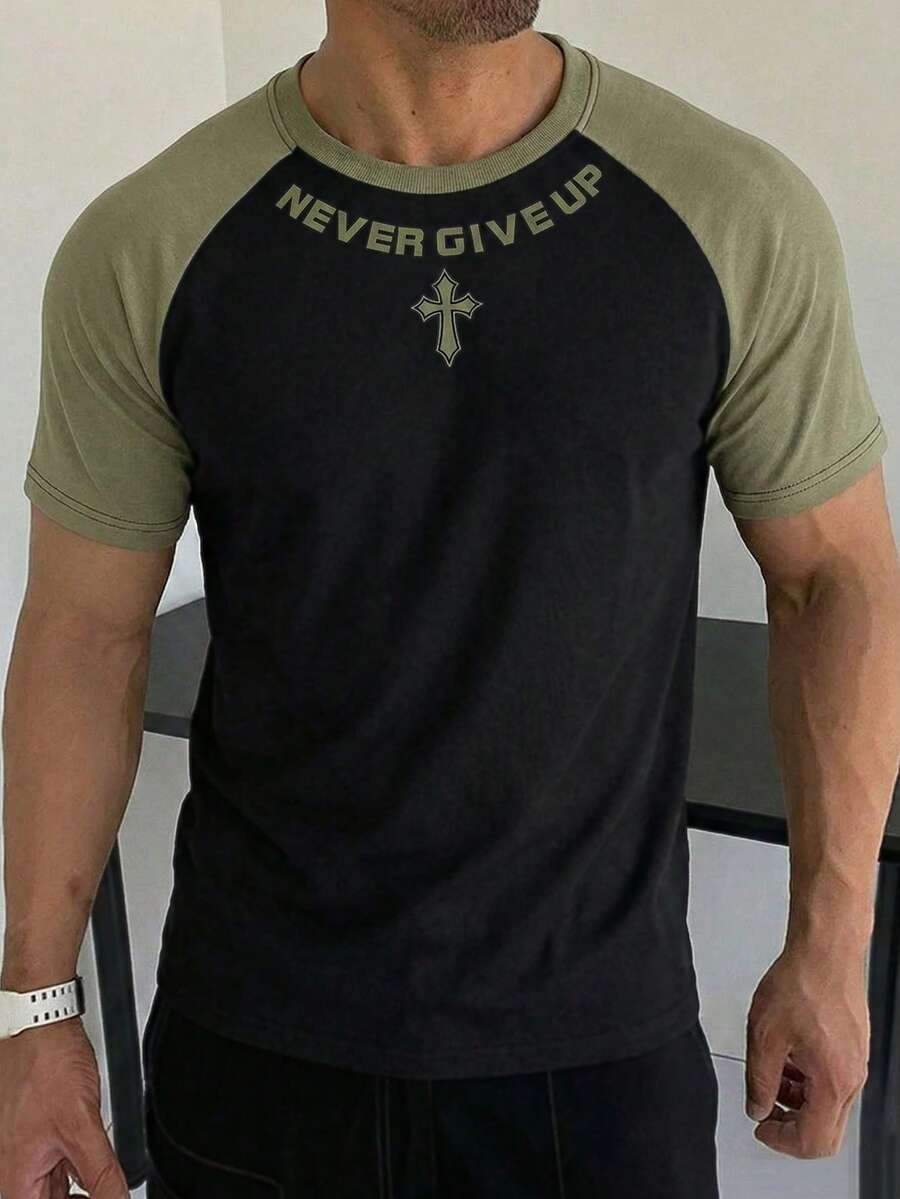 Manfinity Homme Men's Black And Gold Summer Streetwear Gym T-Shirt,Comfortable Raglan Sleeve Colorblock Graphic Tee,Yamamoto Round Neck Embossed Print Casual Shirt - Multicolor - View 1