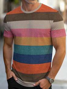 Manfinity Homme Men's Casual Everyday Contrast Stripe Round Neck Short Sleeve T-Shirt, Summer Summer Tops  Going Out Top  Vacation Outfits  Summer Top  Men Clothes  Holiday Outfits - Multicolor - View 4