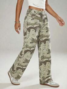 SHEIN ICON Women's Pocketed Button Camo Casual Versatile Daily Wear Jeans - Multicolor - View 6
