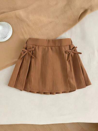 SHEIN 女宝宝时尚简约纯色蝴蝶结百褶裙，适合春夏秋季日常穿着，户外必备