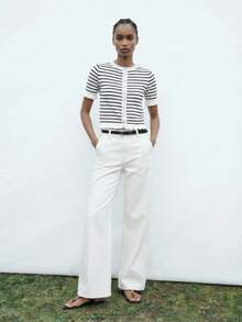 Maija 女士圆领短袖条纹休闲简约百搭薄款开衫 - 藍白色 - 查看 2