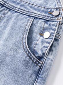 少女休闲时尚简约做旧牛仔背带短裤和连体裤 - 藍色 - 查看 6