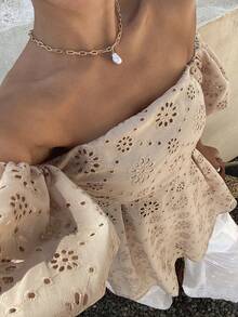 Livesso Women's Off-Shoulder Embroidered Pleated Fashionable Versatile Daily Wear Blouse - White - View 1