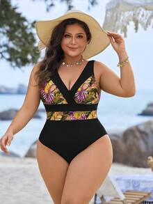 Swim Lushoire Plus Size Vacation Print Color Block One-Piece - Multicolor - View 1
