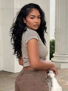 Alexandranx 女款 V 领短袖 T 恤，夏季修身短款露肩 Polo 衫 - 咖啡棕 - 查看 5