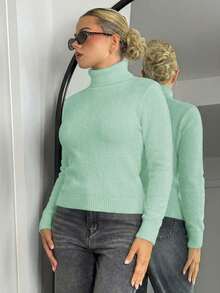 Bethéva 高领保暖内衬修身长袖毛衣，秋冬针织套头衫 - 薄荷綠 - 查看 4