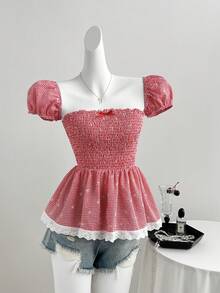 Sweetra French Romantic Red Plaid Bow Accent Fashionable Puff Sleeve Design Cinched Waist Elegant Girly Summer Versatile Office Lady Blouse - Red - View 3