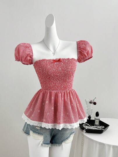Sweetra French Romantic Red Plaid Bow Accent Fashionable Petal Sleeve Design Cinched Waist Elegant Girly Summer Versatile Office Lady Blouse