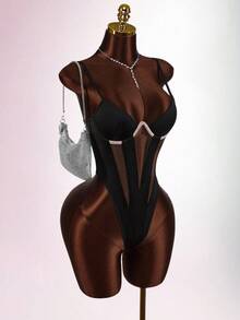 SHEIN PETITE CURVE Plus Size Solid Color Spaghetti Strap Sleeveless Bodysuit With Boning, Fitted & Sexy - Black - View 2