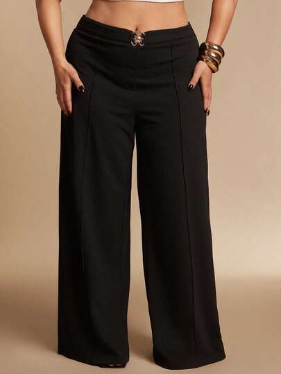 SHEIN BAE 大码女式金属装饰休闲百搭阔腿裤