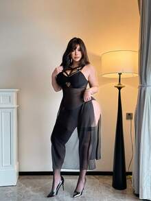 Whyspr Vestido transparente con abertura de estilo gótico oscuro para tallas grandes - Negro - Ver 6