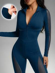 Innovista 网眼拼接修身连体衣 运动紧身衣 健身房女士运动服 女士健身套装 女士健身服套装 运动披肩 健身紧身衣 健身房运动紧身裤 - 藍色 - 查看 4