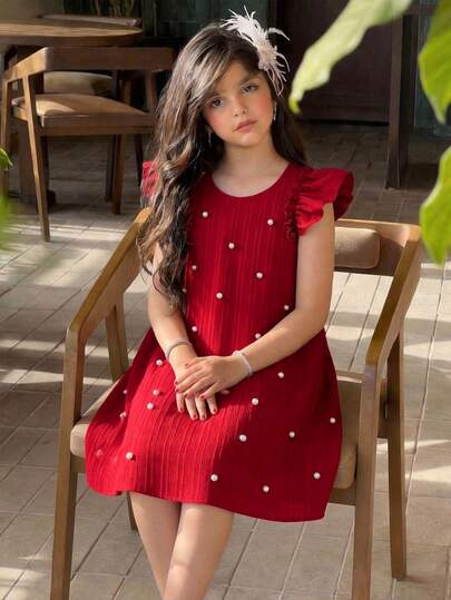 SHEIN Young Girl Cute Summer Vacation Elegant Textured Ruffle Trim Beaded Cap Sleeve A-Line Dress, Red