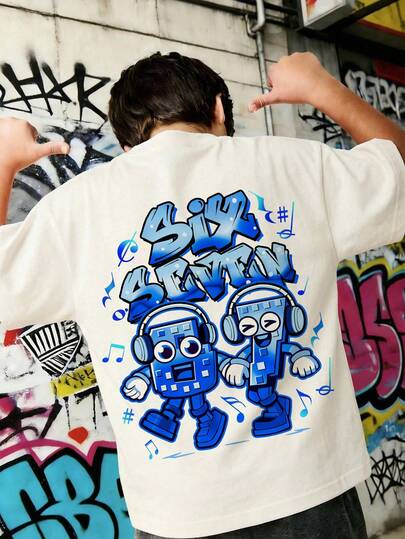 Tween Boy New Arrival Casual Minimalist Y2K Style English Letter, "Six&Seven", Number 67, Sports Vintage American Style Loose Comfortable Short Sleeve Round Neck T-Shirt, Suitable For Summer